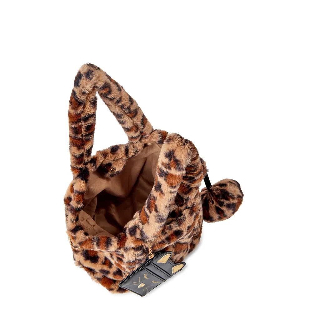 NEW Leopard Kitty Vegan Fur Handbag Wallet Pom Pom Keychain 3pc Set